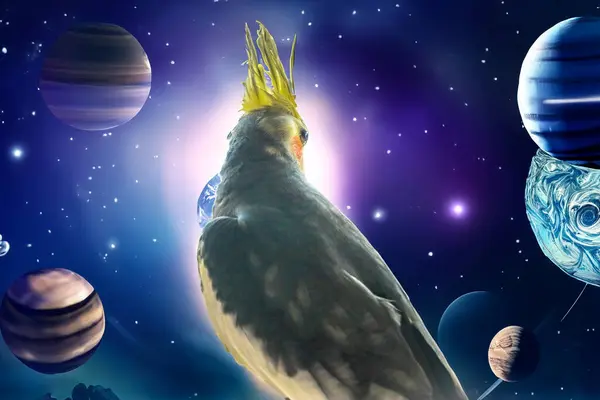 A parrot looks at our future planet. Concept for the protection of animals and the planet, waiting for its owner. Yellow cockatiel parrot. Beautiful photo of a bird. Ornithology. Beautiful feathers.