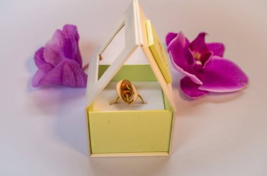 Kehribar nişan yüzüğü ve mor orkide çiçekleri. Romantik imaj ve sevgi dolu bir teklif. Sevgililer Günü Hediyeleri Konsepti. Yeni yıl tatili ve Noel için. Yüksek kalite fotoğraf