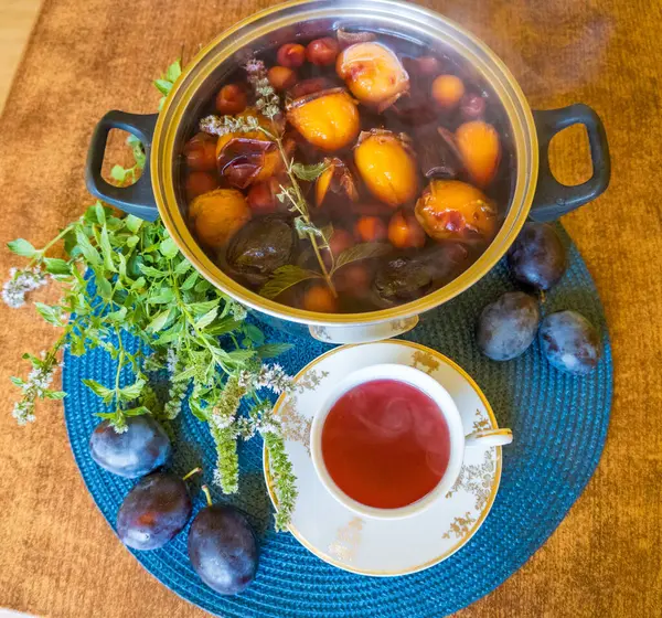 Useful detox drink fruit compote of plums, mint and cinnamon. High quality photo
