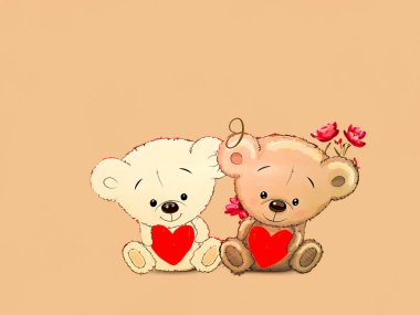Kadınlar Günü 'nde. Anneler Günü. Doğum günü. Sevgililer Günü konsepti. Kırmızı kalpli Teddy Bears çifti. Peach Fuzz arkaplanlı hippi tarzı renkli bir resim. Yüksek kalite fotoğraf