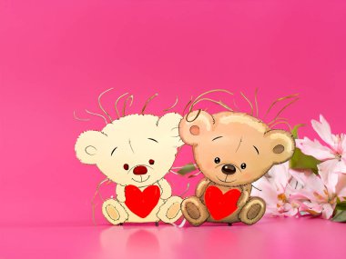 Kadınlar Günü 'nde. Anneler Günü. Doğum günü. Sevgililer Günü konsepti. Kırmızı kalpli Teddy Bears çifti. Pembe arka planlı hippi tarzı bir resim. Yüksek kalite fotoğraf