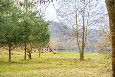 Berunka Nehri 'nin yakınlarındaki zümrüt suyu ve teknelerle panoramik bir nehir manzarası. Doğa koruma kavramı. Çek Cumhuriyeti 'nden. Yüksek kalite fotoğraf