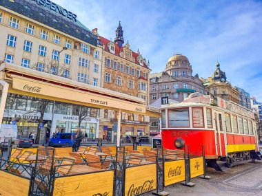 Prague-, Czech- 18 March 2024: Vintage cafe in old tram on Wenceslas Square, one of the main city squares, New Town of Prague, Czech Republic. High quality photo clipart