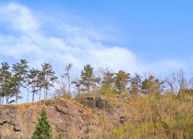 Geleneksel dağ evi ve güneşli bir günde güneşli bir günde güneşli gökyüzü ve baharda bulutlarla kaplı taze yeşil dağ çayırlarıyla Çek 'in panoramik manzarası. Yüksek kalite fotoğraf