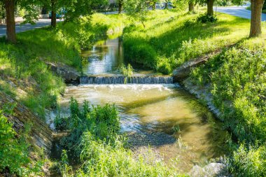 Şelaleli manzara, orman ve önünde bir nehir. Güzel bir manzara. Çek malı. Yüksek kalite fotoğraf