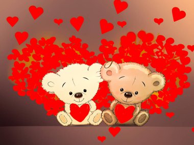 Kadınlar Günü 'nde. Anneler Günü. Doğum günü. Sevgililer Günü konsepti. Kırmızı kalpli Teddy Bears çifti. Peach Fuzz arkaplanlı hippi tarzı renkli bir resim. Yüksek kalite fotoğraf