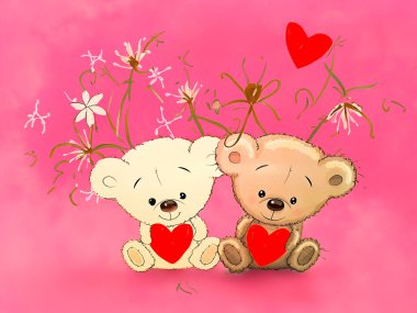 Kadınlar Günü 'nde. Anneler Günü. Doğum günü. Sevgililer Günü konsepti. Kırmızı kalpli Teddy Bears çifti. Pembe arka planlı hippi tarzı bir resim. Yüksek kalite fotoğraf