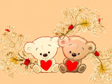 Kadınlar Günü 'nde. Anneler Günü. Doğum günü. Sevgililer Günü konsepti. Kırmızı kalpli Teddy Bears çifti. Peach Fuzz arkaplanlı hippi tarzı renkli bir resim. Yüksek kalite fotoğraf