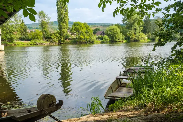 stock image Beautiful views of the river Berounka a Wooden boats in the summer season. Czech. High quality photo