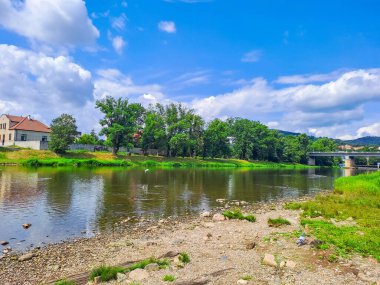 Beroun- Çek- 24 Temmuz 2024: Beroun, Çek ördekleri ile Berunka Nehri üzerindeki beton köprünün görüntüsü. Yüksek kalite fotoğraf
