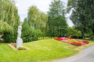 Podebradi- Çek- 27 Temmuz 2024: Parkın dekorasyonu için saatlerce taze çiçek. Çiçekli saat, spa kasabası Podebrady, Merkez Bohemya, Çek Cumhuriyeti. Yüksek kalite fotoğraf