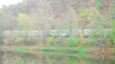 Karlstejn - Çek - 29 Eylül 2024: Sarı ağaçlardan oluşan sonbahar manzarası, Berunka Nehri ve Çek Cumhuriyeti 'nin karşı kıyısında seyahat eden bir tren. Yüksek kaliteli FullHD görüntüler