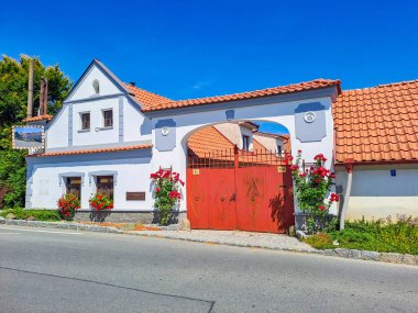 Tuğla duvarlı, çiçekli kemerli kapı, Çek Cumhuriyeti 'nin antik kapısı. Yüksek kalite fotoğraf