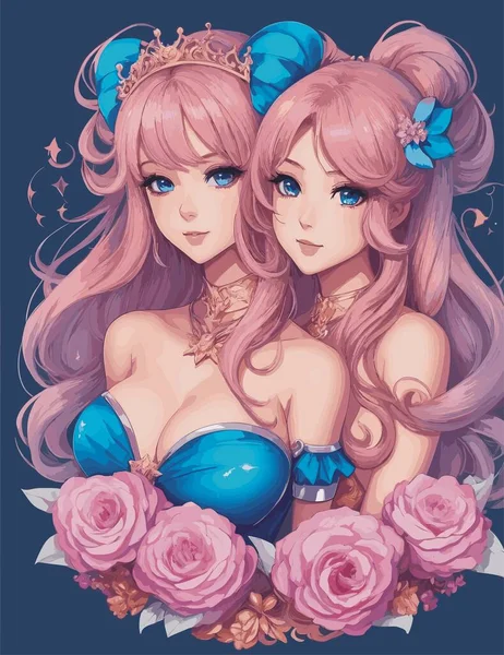 iki sevimli kız pembe güller ve bir fiyonk