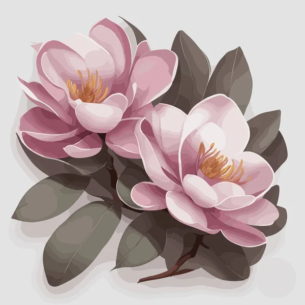 Bellissimi Fiori Magnolia Con Foglie Rami Illustrazione Vettoriale Stile Piatto — Vettoriale Stock