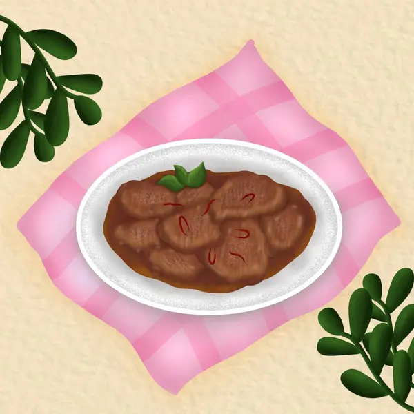 Tabaktaki rendang yemeğinin gösterimi