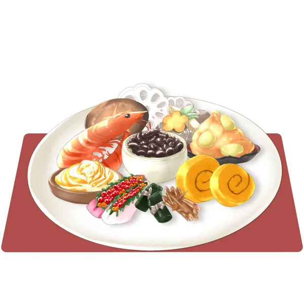 Geleneksel Japon yemeği osechi 'nin resmi, istiflenmiş ahşap kutularda düzgünce düzenlenmiş yeni yıl yemeği.