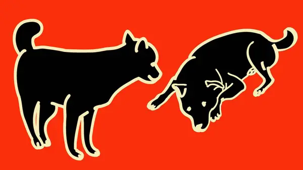 silhouette of two dogs with yellow outline on colored background, animal themed concept for logo, print, decorative siker