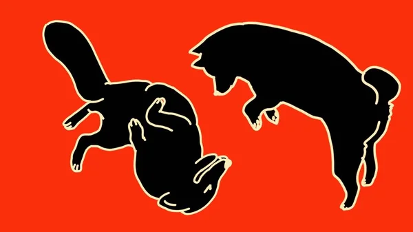 Renkli arka planda sarı çizgili iki köpeğin silueti logo, baskı ve dekoratif siker için hayvan temalı konsept.