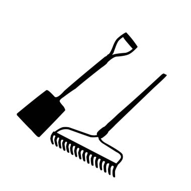 Siyah beyaz bahçe tırmığı ve kürek simgesi