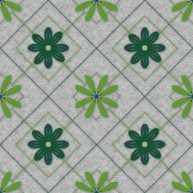 Gri desenli, geometrik elmas şekilli, kumaş, duvar kâğıdı veya dijital baskılar için ideal arka plan üzerinde kusursuz yeşil çiçek tasarımı..