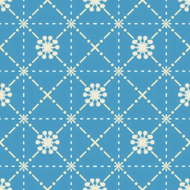 Mavi arka planda krem rengi çiçek motifleri ve çizgili geometrik çizgiler içeren kusursuz desenler, el sanatları, kumaşlar ve dekor için ideal..