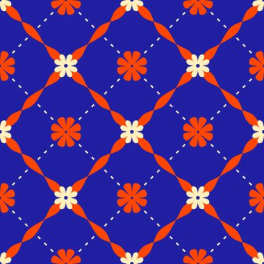 Koyu mavi arka planda kırmızı ve krem rengi motifleri olan kusursuz retro-stil motifler, noktalı aksanlı pırlanta bir ızgarada dizilmiş..
