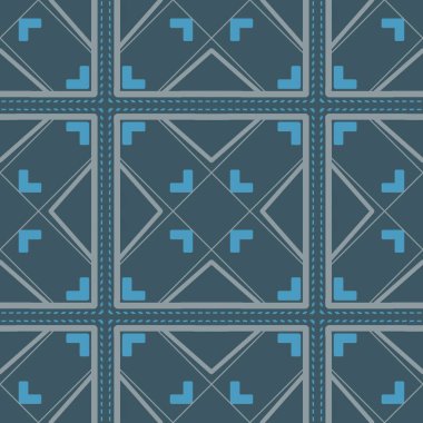 Modern tekstil ve arka planlar için ideal, stilize köşe şekilleri ve mavi tonlarda kesişen çizgileri ile geometrik dikişsiz desen.