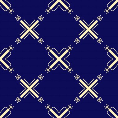 Krem rengi geometrik haçlar ve koyu lacivert arka planda hilal şekilleri içeren modern kusursuz desen, tekstil ve parmak izleri için idealdir..