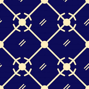 Krem geometrik düğümlere ve lacivert arkaplandaki bağlayıcı çizgilere sahip modern kusursuz desen yapılandırılmış, teknolojiden esinlenilmiş bir tasarım yaratıyor..