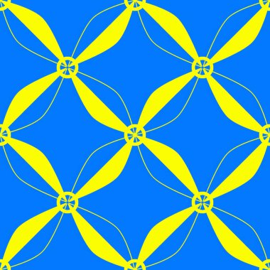 Modern tekstil ve grafikler için ideal, parlak mavi arka planda kavisli bıçaklı, stilize sarı fırıldak şekilleri içeren, cesur, pürüzsüz desen..
