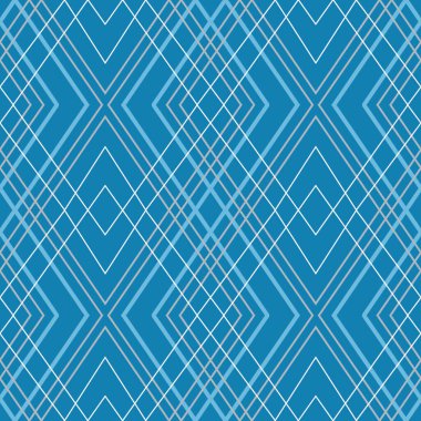 Kesişen beyaz ve mavi çizgilerle modern kusursuz desen koyu mavi arkaplanda geometrik elmaslar ve semboller oluşturuyor..