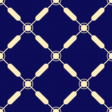Birbirine bağlı krema çemberleri ve yuvarlak çubuklarla donanma mavisi arka planda zincir halkası dizaynı oluşturan modern kusursuz desen..
