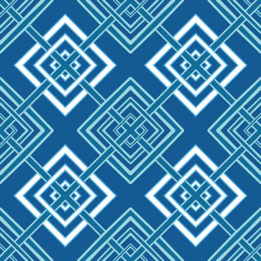 Koyu mavi arka planda açık mavi ve beyaz çizgili birbirine kenetlenmiş elmas şekilleri içeren cesur, pürüzsüz desenler..