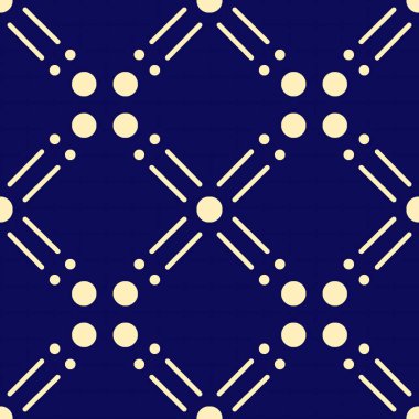 Krem noktalar ve paralel çizgilerden oluşan kusursuz geometrik desen koyu lacivert bir arka planda X şeklinde düzenlenir..