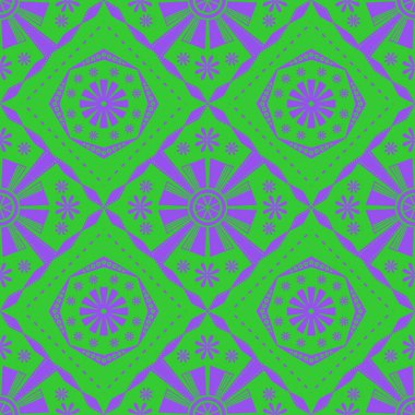 Parlak yeşil ve mor renkte mandala tarzı çiçek motifleri ile canlı, pürüzsüz desenler, psikedelik, retro-esinlenmiş estetik.