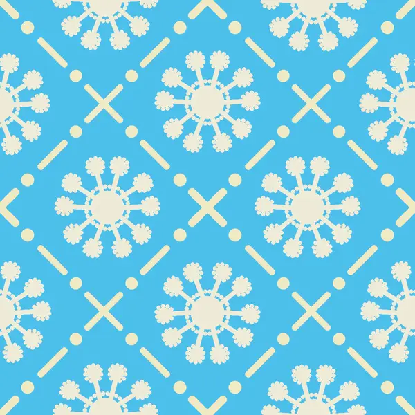 Parlak mavi arka planda, krem rengi çiçekli ve geometrik elementli kusursuz retro-tarz desen, tekstil ve dekor için idealdir..