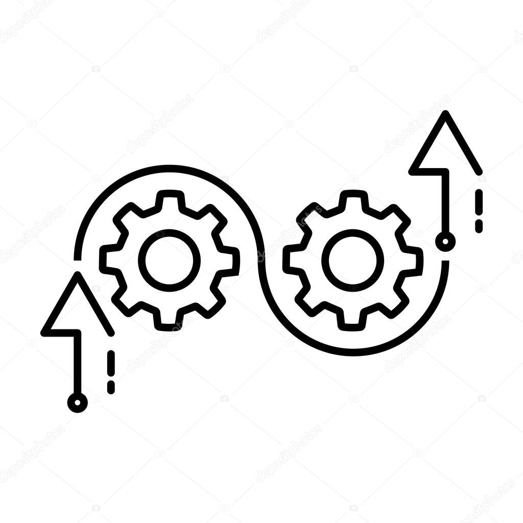 Agile process icon, flexible work software, methodology development, arrow with gears, thin line symbol on white background - editable stroke vector illustration