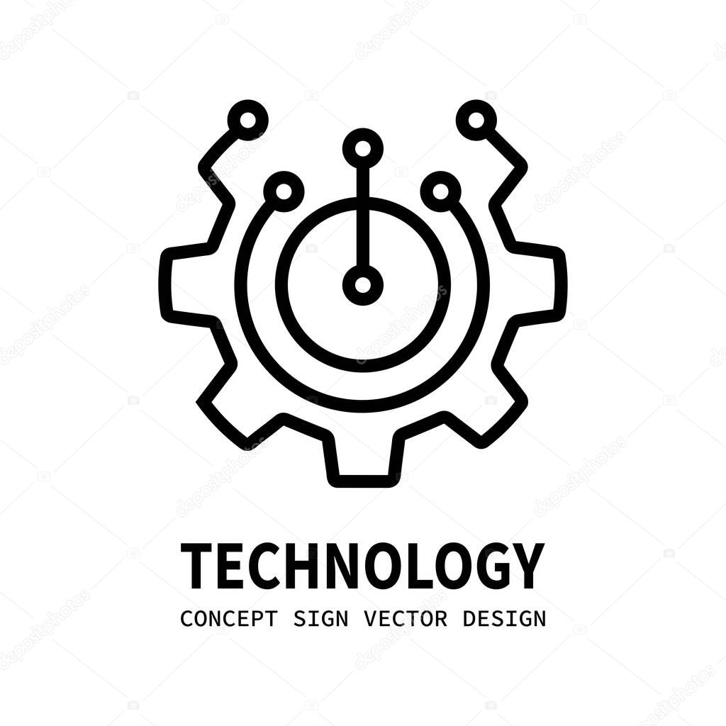 Technology gear concept business logo template design. Cogwheel mechanic sign. Computer network SEO icon. Search engine optimization. Line style. Graphic design element. Vector illustration