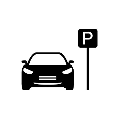 Araba park etme ikonu. Park yeri. Otoparkta. Otopark. Beyaz arkaplanda vektör simgesi izole edildi.