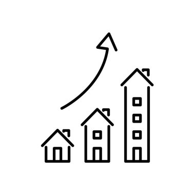 emlak piyasası simgesi, büyüme evi fiyatı, bina yükselme sunumu, gerçek artış bilgisi, ince çizgi sembolü - düzenlenebilir felç vektörü