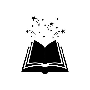 Yıldızlı ya da havai fişekli açık bir kitap. Beyaz arka planda izole edilmiş. Düz simge. Sihirli, yaratıcı okuma logosu. Peri masalı çizimi. Çocuklar için kitap