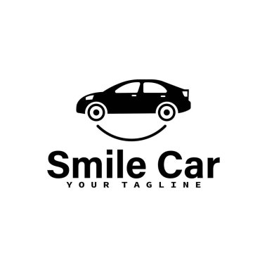 Mutlu Araba Logosu Tasarımı. Gülümseyen araba vektör logosu tasarım şablonu. Araba çember çiziyor. Komik logot tasarımı