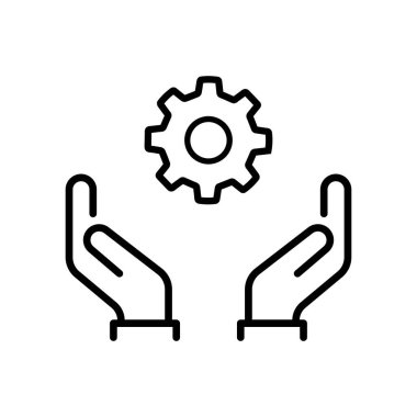 Yetenek ikonu. Yetenekli bir çalışan. Yeteneklerin el ve vites sembolü. Liderlik yeteneği, yeterlilik ana hatları. Beyaz arkaplanda düzenlenebilir vuruş vektörü çizimi. EPS 10