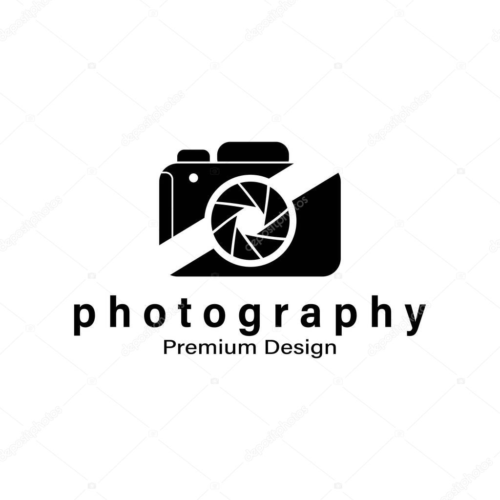 Silhouette camera with cut logo vector symbol icon illustration design