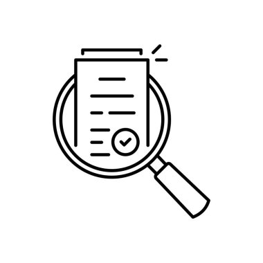 Değerlendirme ya da denetim gibi ince çizgi simgesini gözden geçir. Felç eğilimi modern evrak logoti grafik tasarımı beyaza izole edilmiş. Proje ya da piyasa düzenlemesi ya da banka hesap listesi analizi kavramı