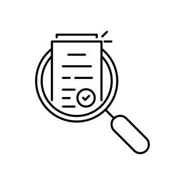 Büyüteç vektörü düz izole görüntü. Değerlendirme veya denetim gibi ince çizgi simgesini gözden geçirin. Felç eğilimi modern evrak logoti grafik tasarımı beyaza izole edilmiş. Proje ya da piyasa düzenlemesi ya da banka hesap listesi analizi kavramı