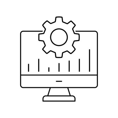 Çevrimiçi tercih ayarları satır simgesi. Teçhizatlı bilgisayar ve istatistik çizelgesi vektör ana hatları işareti.