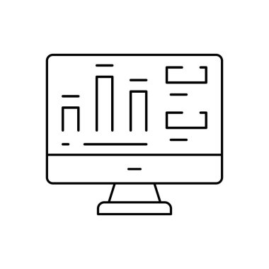 Çevrimiçi istatistik ve analiz çizgisi simgesine sahip bilgisayar. Çevrimiçi rapor ve grafik analizi vektör ana hatları işareti.