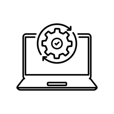 İnce çizgi dizüstü bilgisayar ve vites kutusu güncelleme gibi. lineart style trend modern logotype inme sanatı tasarımı web elementi beyaz arka planda izole edildi. Geliştirme konsepti veya hizmet rozeti devretme
